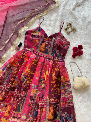 Pink Elegant Jimmy Organza Silk Digital Printed Anarkali Gown with Designer Dupatta – 8 Meter Flair ClothsVilla
