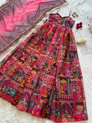 Pink Elegant Jimmy Organza Silk Digital Printed Anarkali Gown with Designer Dupatta – 8 Meter Flair ClothsVilla