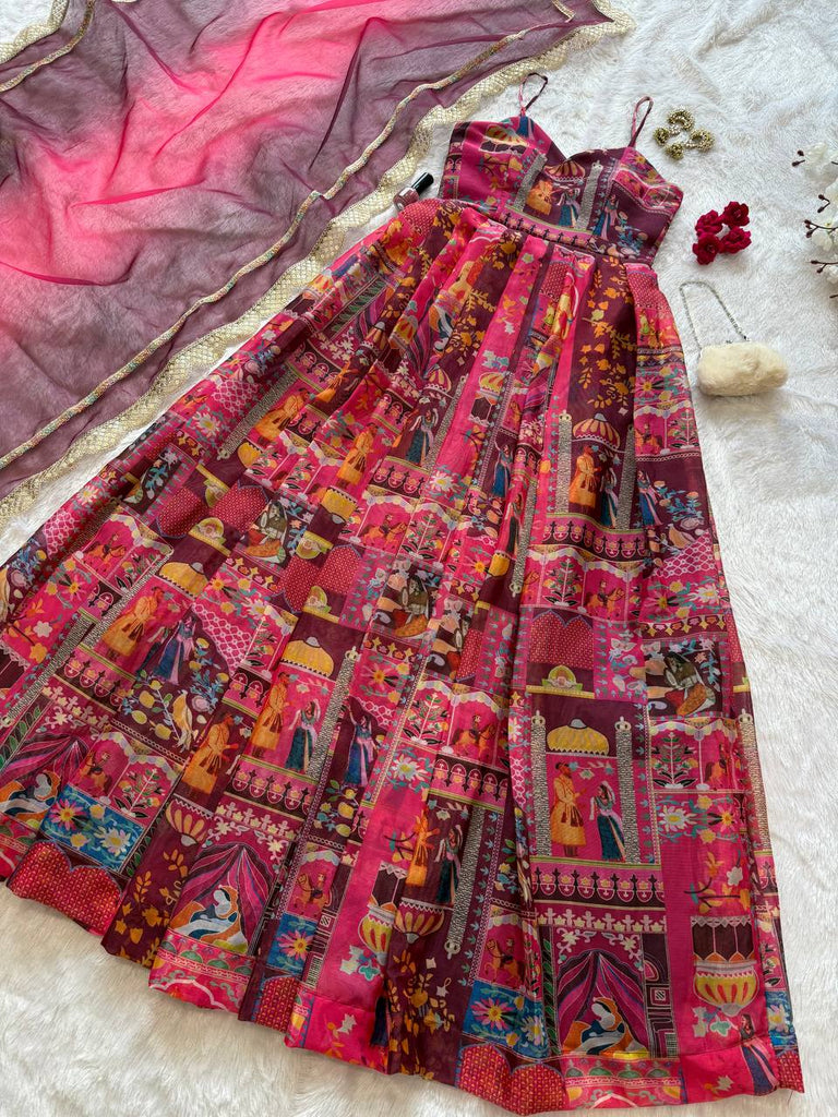 Pink Elegant Jimmy Organza Silk Digital Printed Anarkali Gown with Designer Dupatta – 8 Meter Flair ClothsVilla