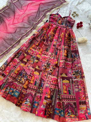 Pink Elegant Jimmy Organza Silk Digital Printed Anarkali Gown with Designer Dupatta – 8 Meter Flair ClothsVilla