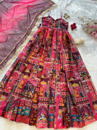 Pink Elegant Jimmy Organza Silk Digital Printed Anarkali Gown with Designer Dupatta – 8 Meter Flair ClothsVilla