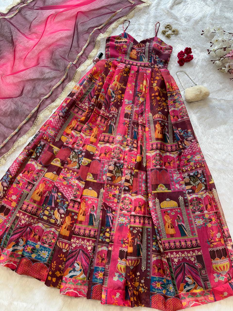 Pink Elegant Jimmy Organza Silk Digital Printed Anarkali Gown with Designer Dupatta – 8 Meter Flair ClothsVilla