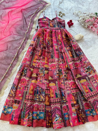 Pink Elegant Jimmy Organza Silk Digital Printed Anarkali Gown with Designer Dupatta – 8 Meter Flair ClothsVilla