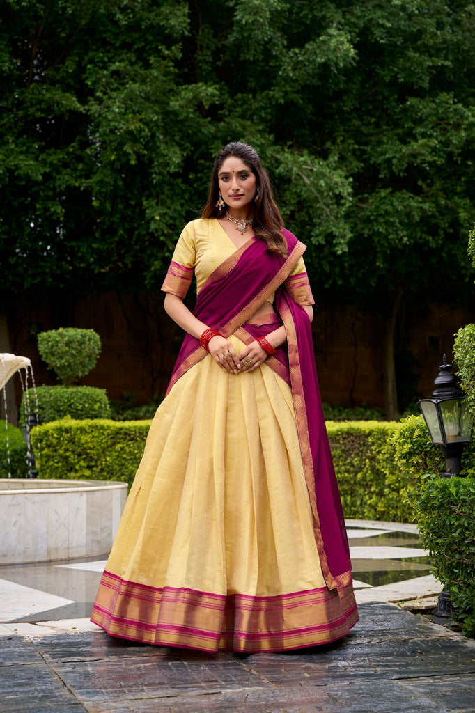 Pink Elegant Kanchipuram Lehenga with Zari Weaving Work – Full-Stitched Lehenga & Blouse with Georgette Zari Dupatta ClothsVilla