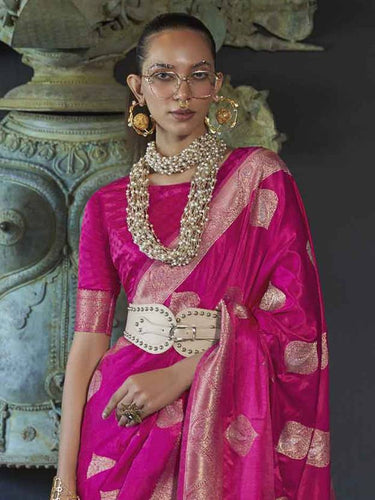 Pink Elegant Kanjivaram Silk Blend Saree with Unstitched Blouse Piece ClothsVilla