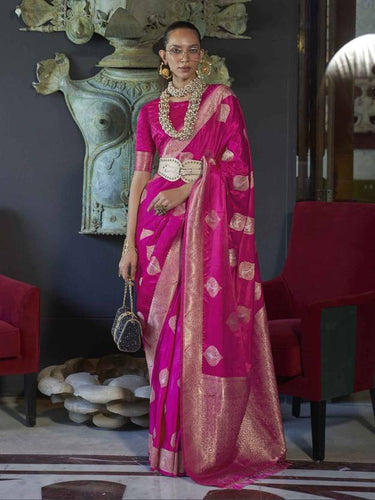 Pink Elegant Kanjivaram Silk Blend Saree with Unstitched Blouse Piece ClothsVilla