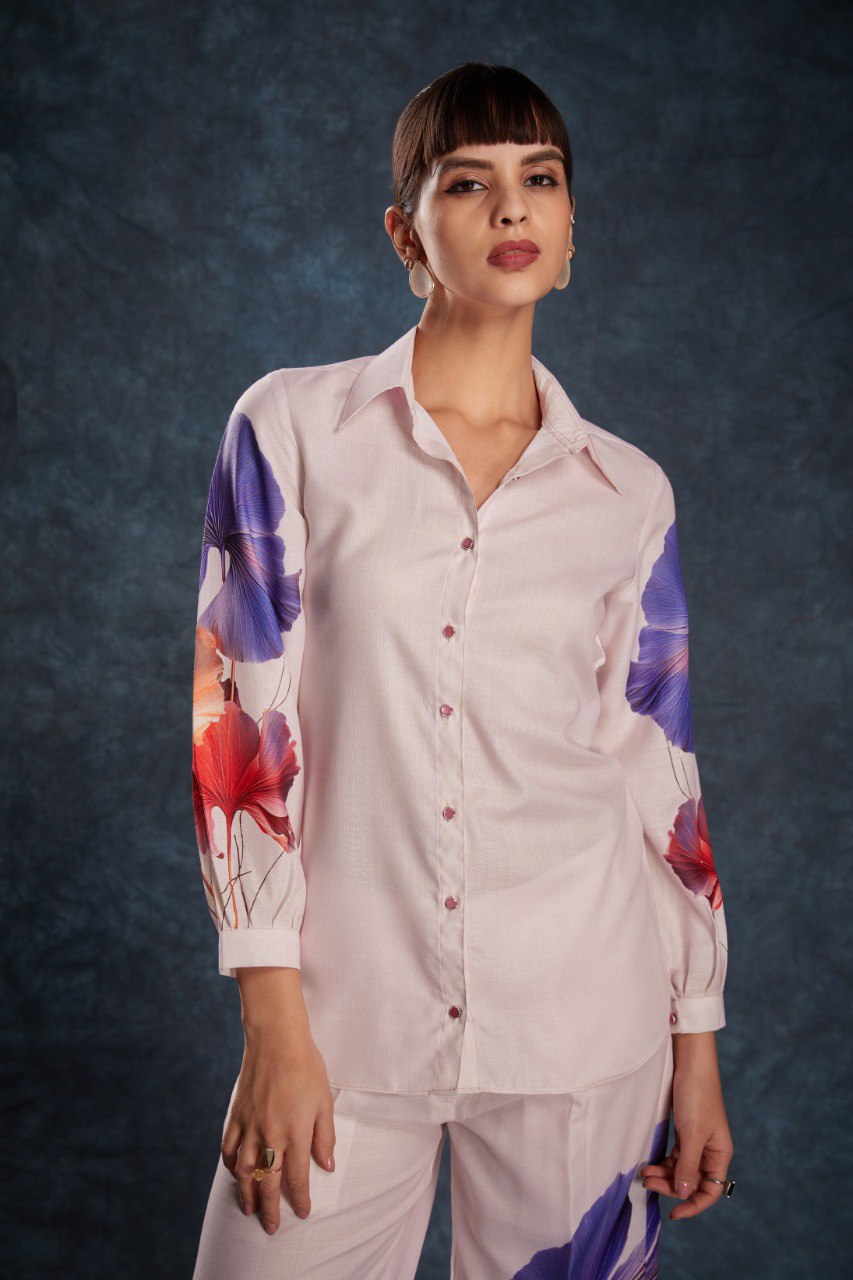Pink Elegant Light Pink Printed Linen Co-Ord Set Top & Pant ClothsVilla
