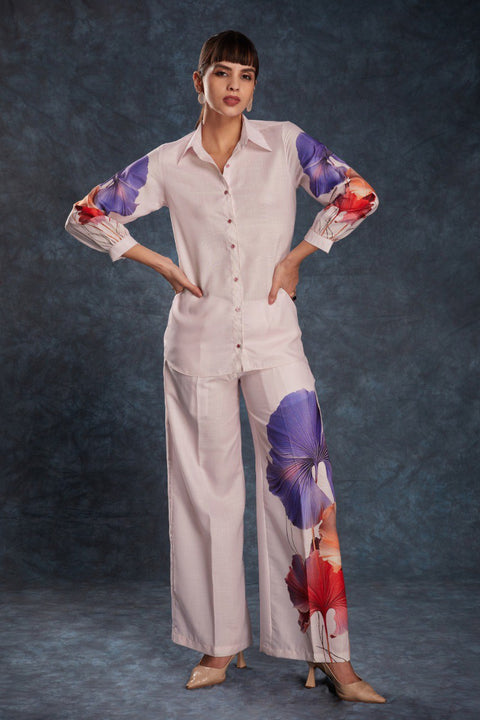 Pink Elegant Light Pink Printed Linen Co-Ord Set Top & Pant ClothsVilla Main image