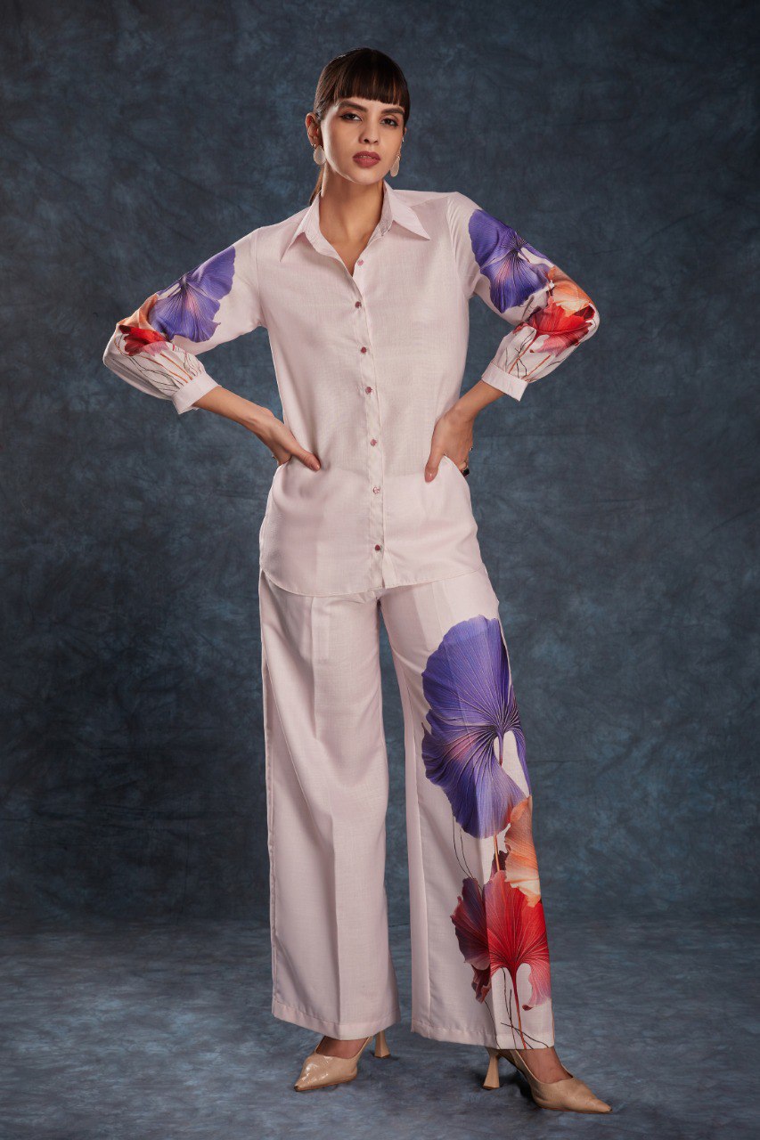 Pink Elegant Light Pink Printed Linen Co-Ord Set Top & Pant ClothsVilla Main image