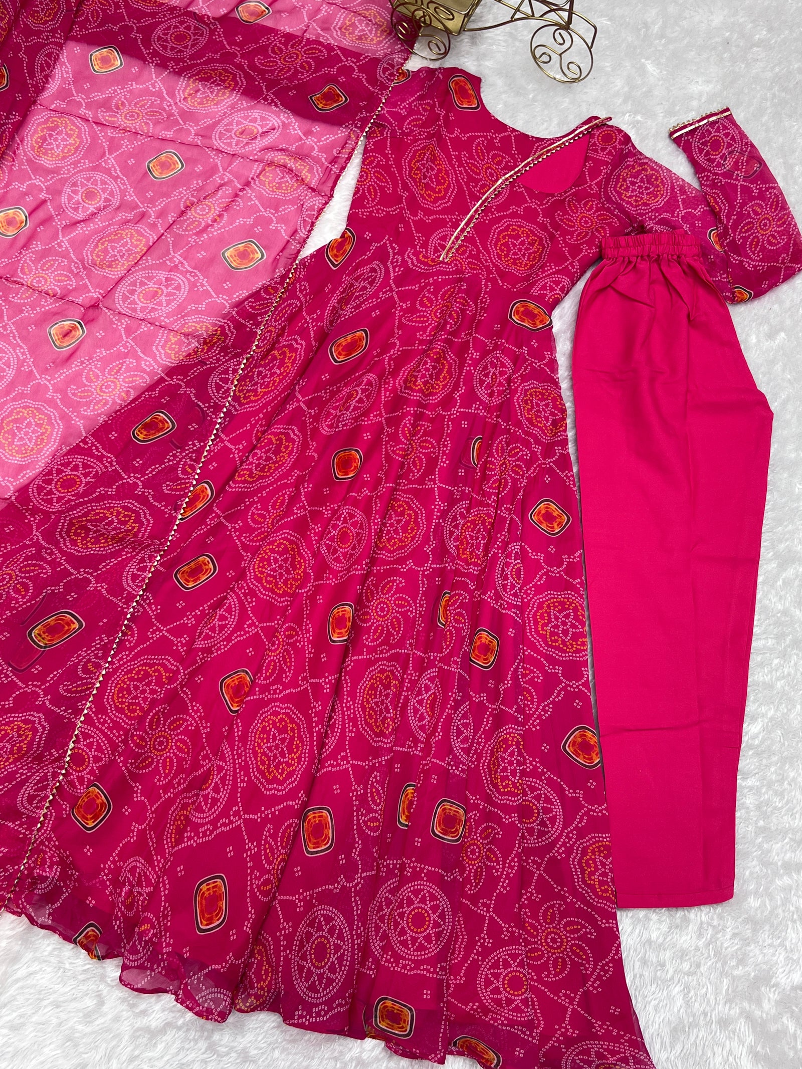 Pink Elegant Lightweight Chiffon Bandhej Anarkali Gown with Dupatta & Pants - Fully Stitched Ready-to-Wear