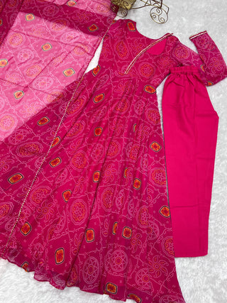 Pink Elegant Lightweight Chiffon Bandhej Anarkali Gown with Dupatta & Pants - Fully Stitched Ready-to-Wear
