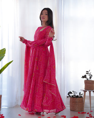Pink Elegant Lightweight Chiffon Bandhej Anarkali Gown with Dupatta & Pants - Fully Stitched Ready-to-Wear