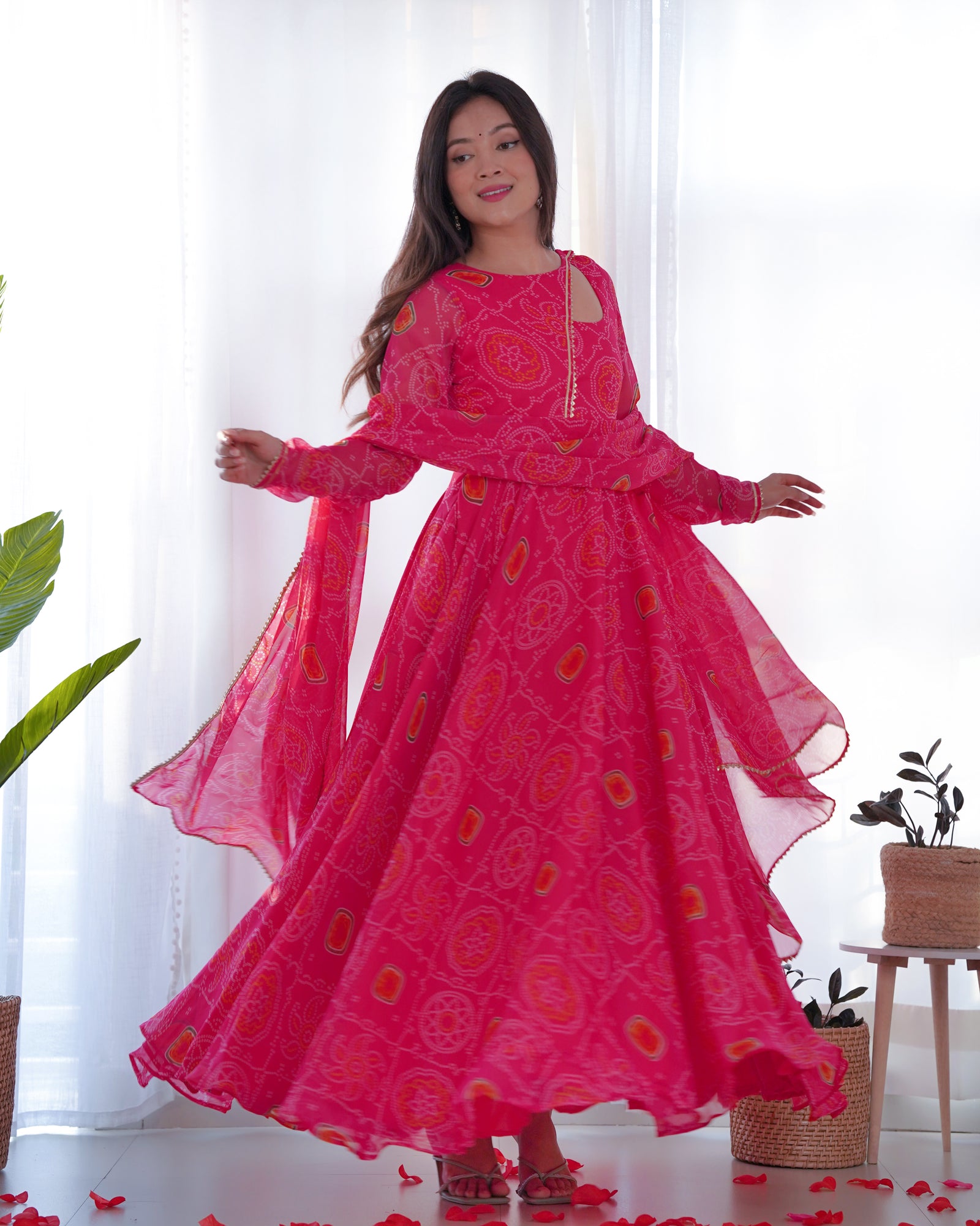 Pink Elegant Lightweight Chiffon Bandhej Anarkali Gown with Dupatta & Pants - Fully Stitched Ready-to-Wear