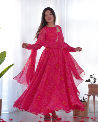 Pink Elegant Lightweight Chiffon Bandhej Anarkali Gown with Dupatta & Pants - Fully Stitched Ready-to-Wear