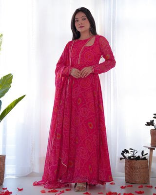 Pink Elegant Lightweight Chiffon Bandhej Anarkali Gown with Dupatta & Pants - Fully Stitched Ready-to-Wear