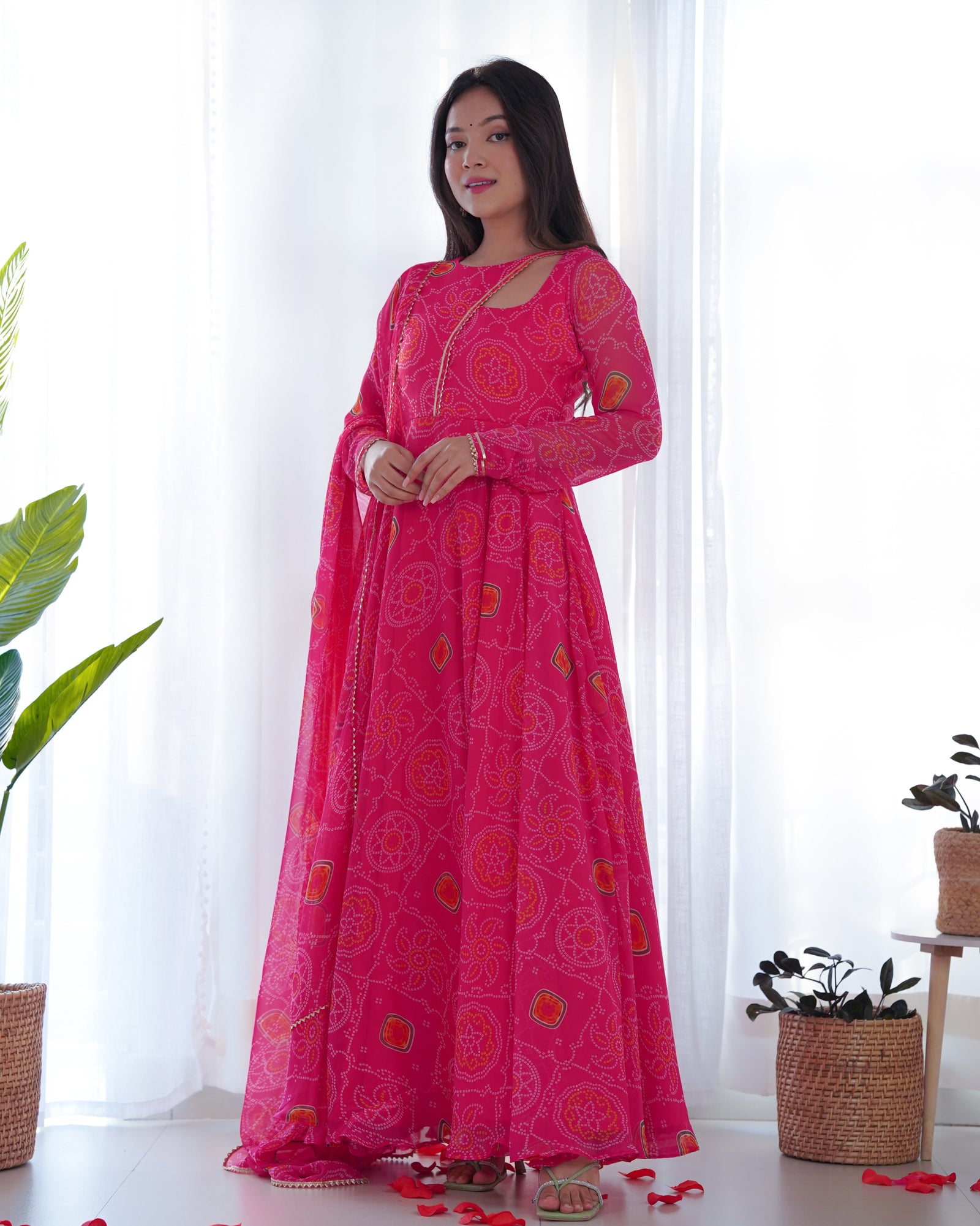 Pink Elegant Lightweight Chiffon Bandhej Anarkali Gown with Dupatta & Pants - Fully Stitched Ready-to-Wear