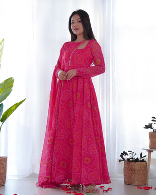Pink Elegant Lightweight Chiffon Bandhej Anarkali Gown with Dupatta & Pants - Fully Stitched Ready-to-Wear