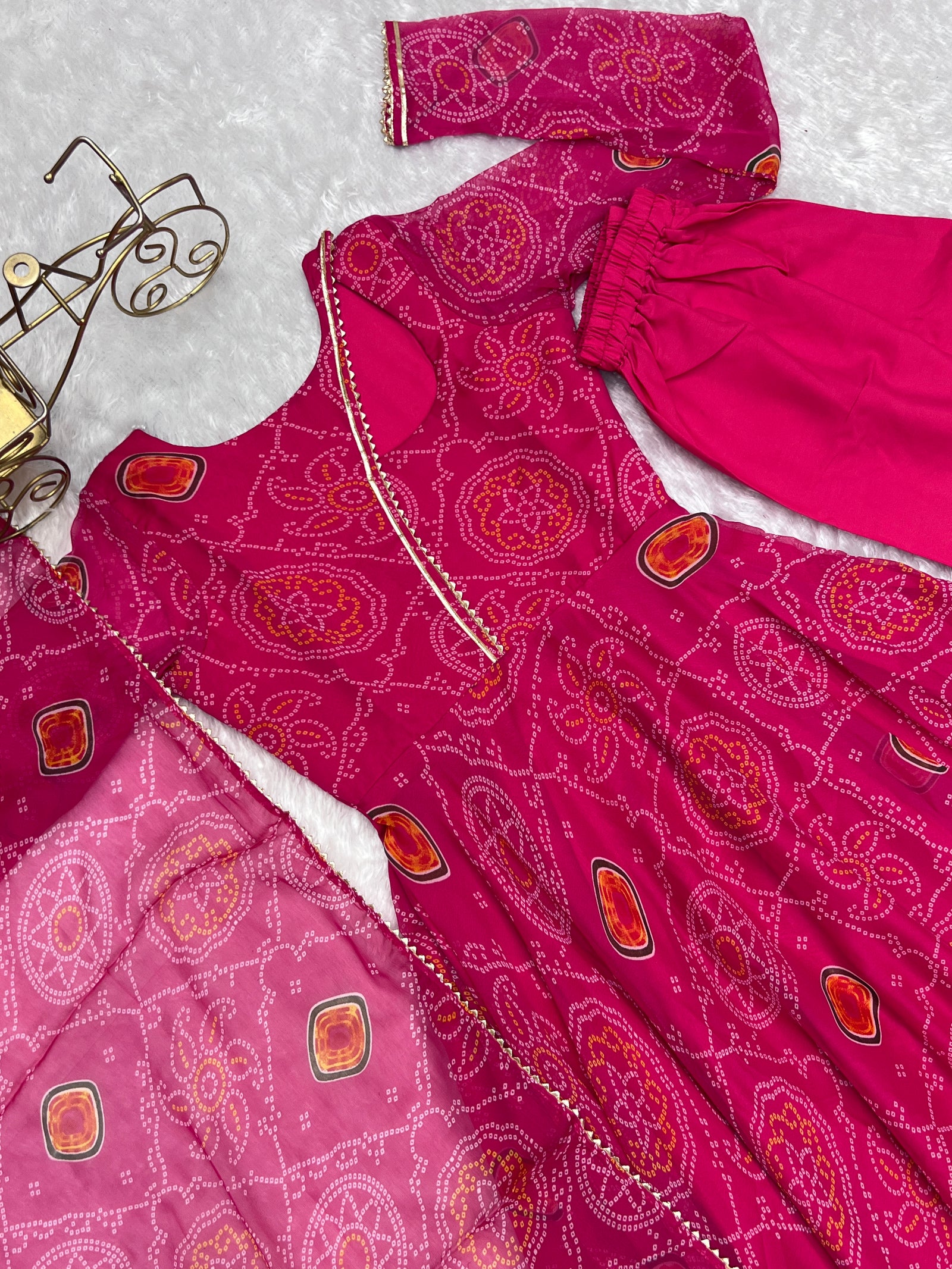 Pink Elegant Lightweight Chiffon Bandhej Anarkali Gown with Dupatta & Pants - Fully Stitched Ready-to-Wear