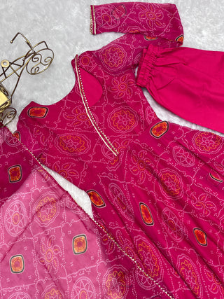 Pink Elegant Lightweight Chiffon Bandhej Anarkali Gown with Dupatta & Pants - Fully Stitched Ready-to-Wear