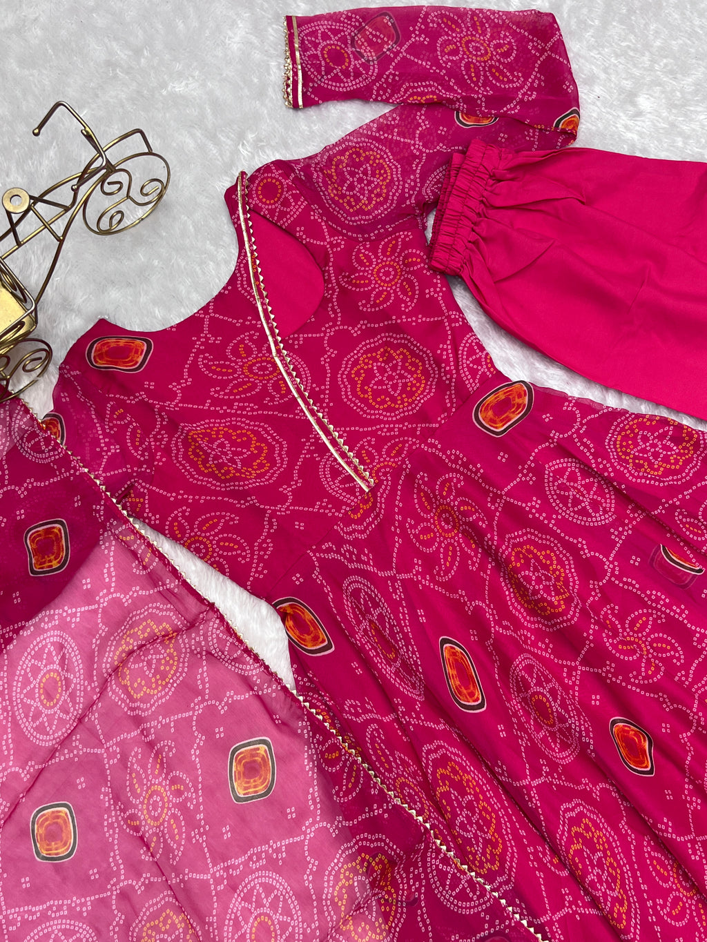 Pink Elegant Lightweight Chiffon Bandhej Anarkali Gown with Dupatta & Pants - Fully Stitched Ready-to-Wear