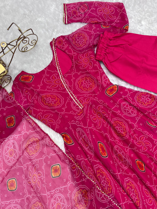 Pink Elegant Lightweight Chiffon Bandhej Anarkali Gown with Dupatta & Pants - Fully Stitched Ready-to-Wear