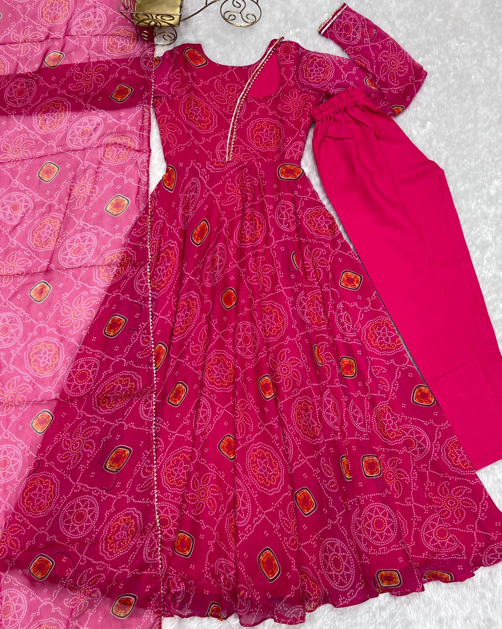 Pink Elegant Lightweight Chiffon Bandhej Anarkali Gown with Dupatta & Pants - Fully Stitched Ready-to-Wear