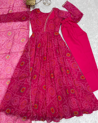 Pink Elegant Lightweight Chiffon Bandhej Anarkali Gown with Dupatta & Pants - Fully Stitched Ready-to-Wear