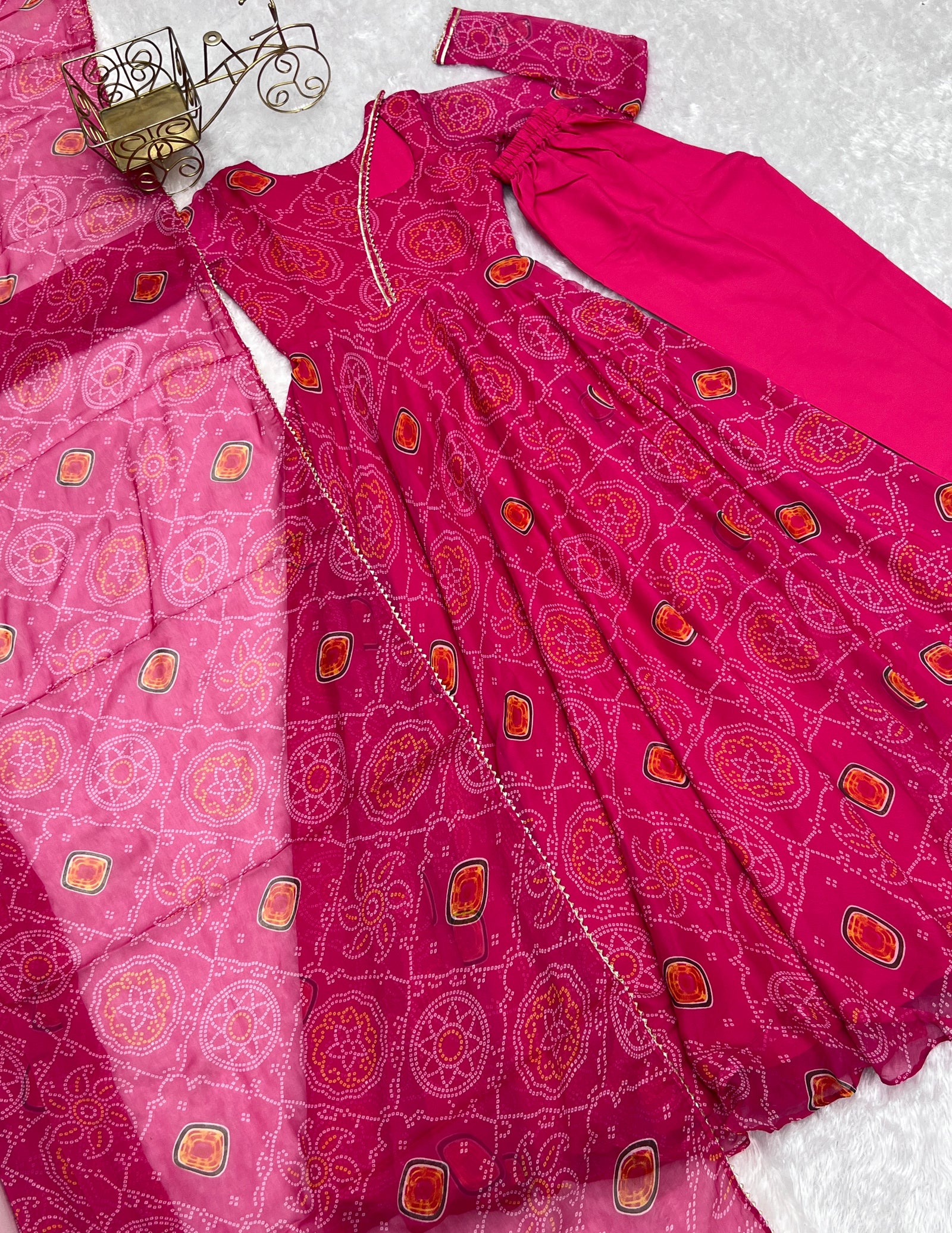 Pink Elegant Lightweight Chiffon Bandhej Anarkali Gown with Dupatta & Pants - Fully Stitched Ready-to-Wear