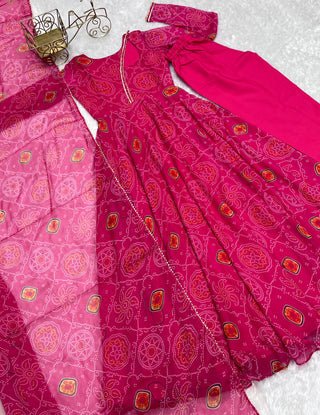 Pink Elegant Lightweight Chiffon Bandhej Anarkali Gown with Dupatta & Pants - Fully Stitched Ready-to-Wear