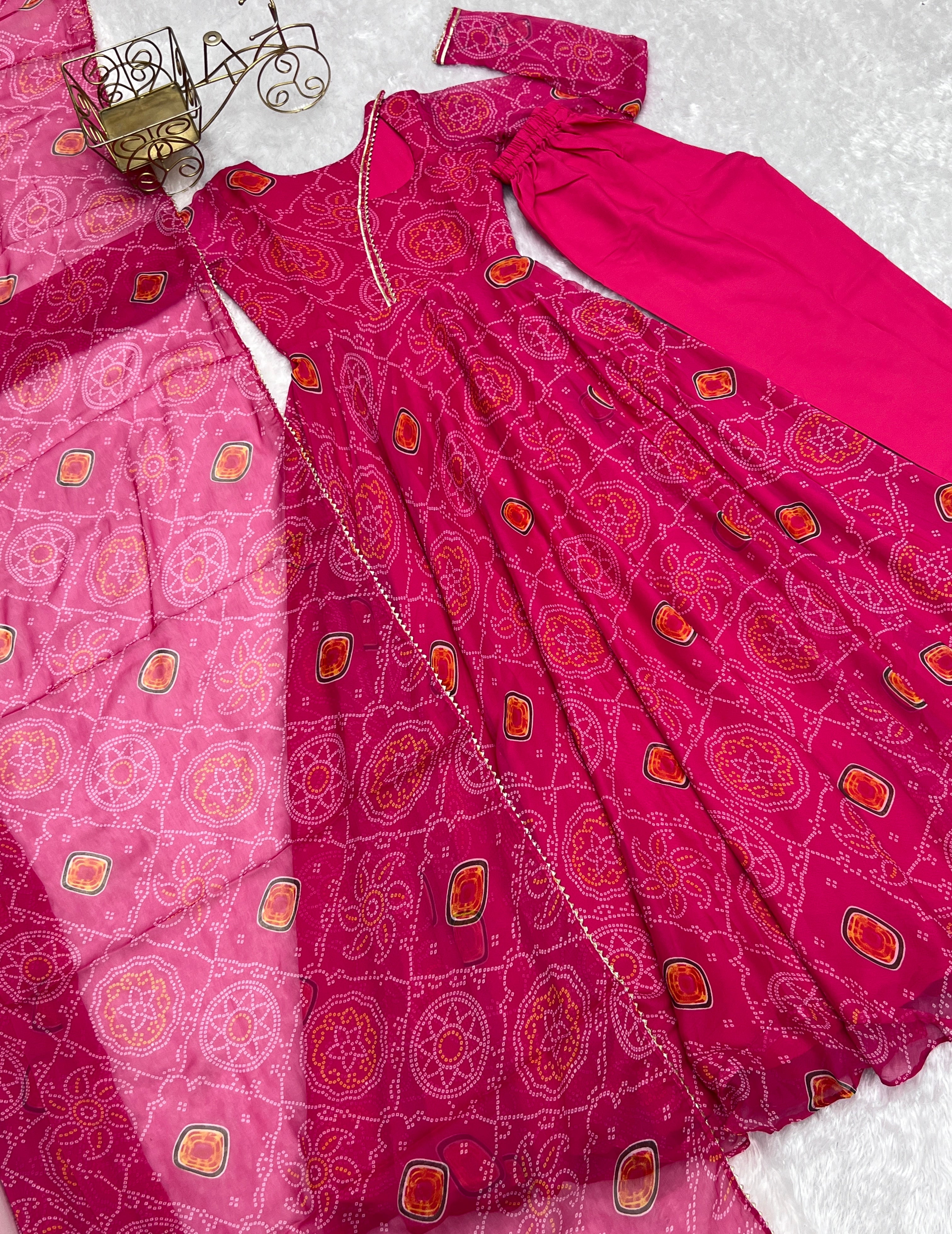 Pink Elegant Lightweight Chiffon Bandhej Anarkali Gown with Dupatta & Pants - Fully Stitched Ready-to-Wear