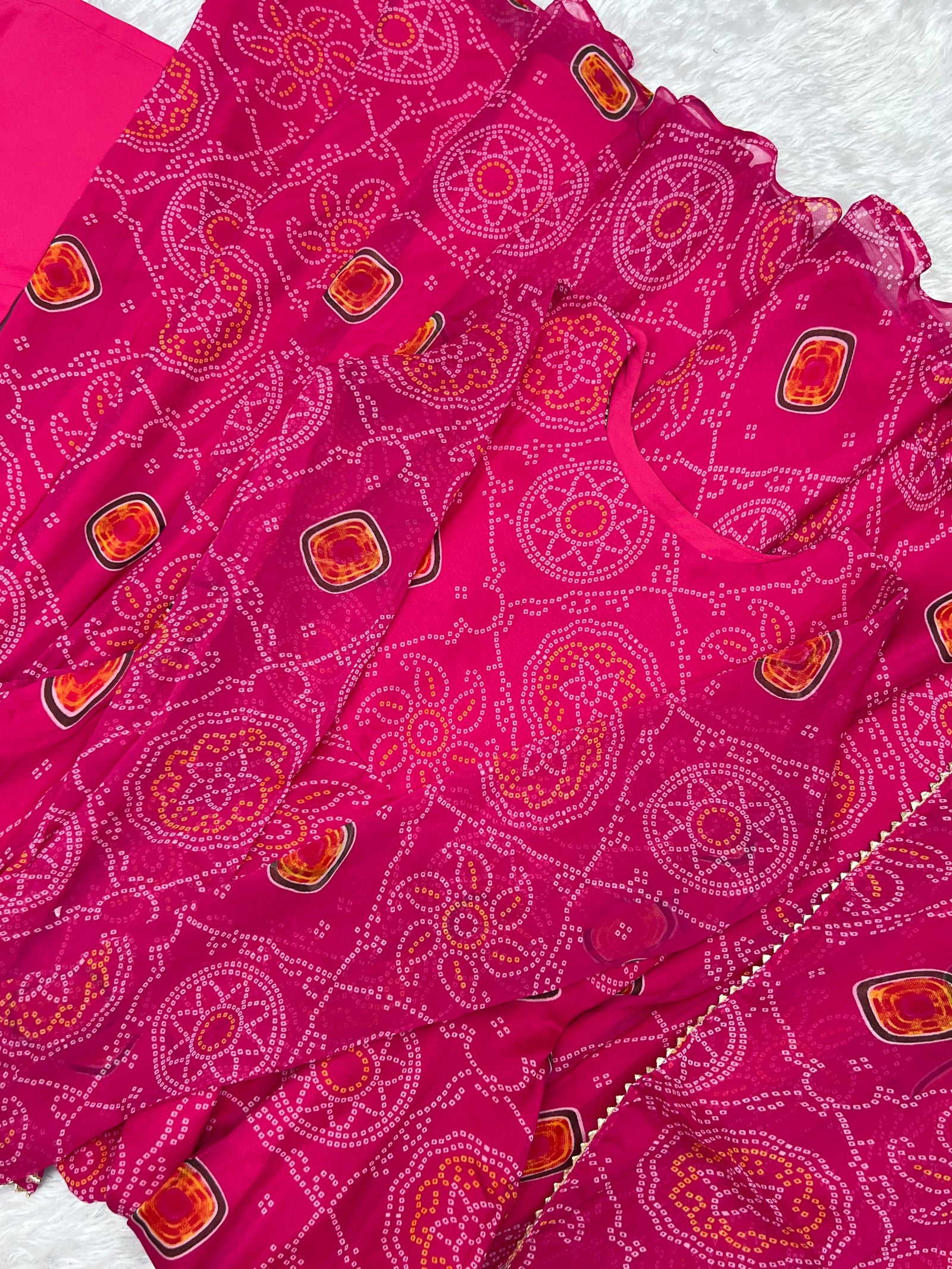 Pink Elegant Lightweight Chiffon Bandhej Anarkali Gown with Dupatta & Pants - Fully Stitched Ready-to-Wear