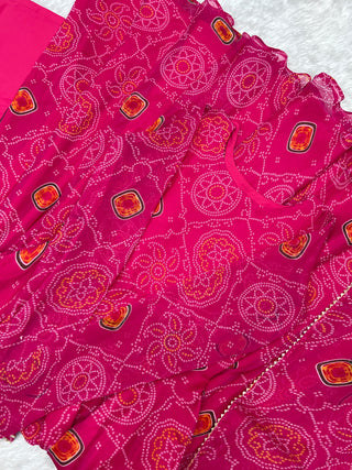 Pink Elegant Lightweight Chiffon Bandhej Anarkali Gown with Dupatta & Pants - Fully Stitched Ready-to-Wear