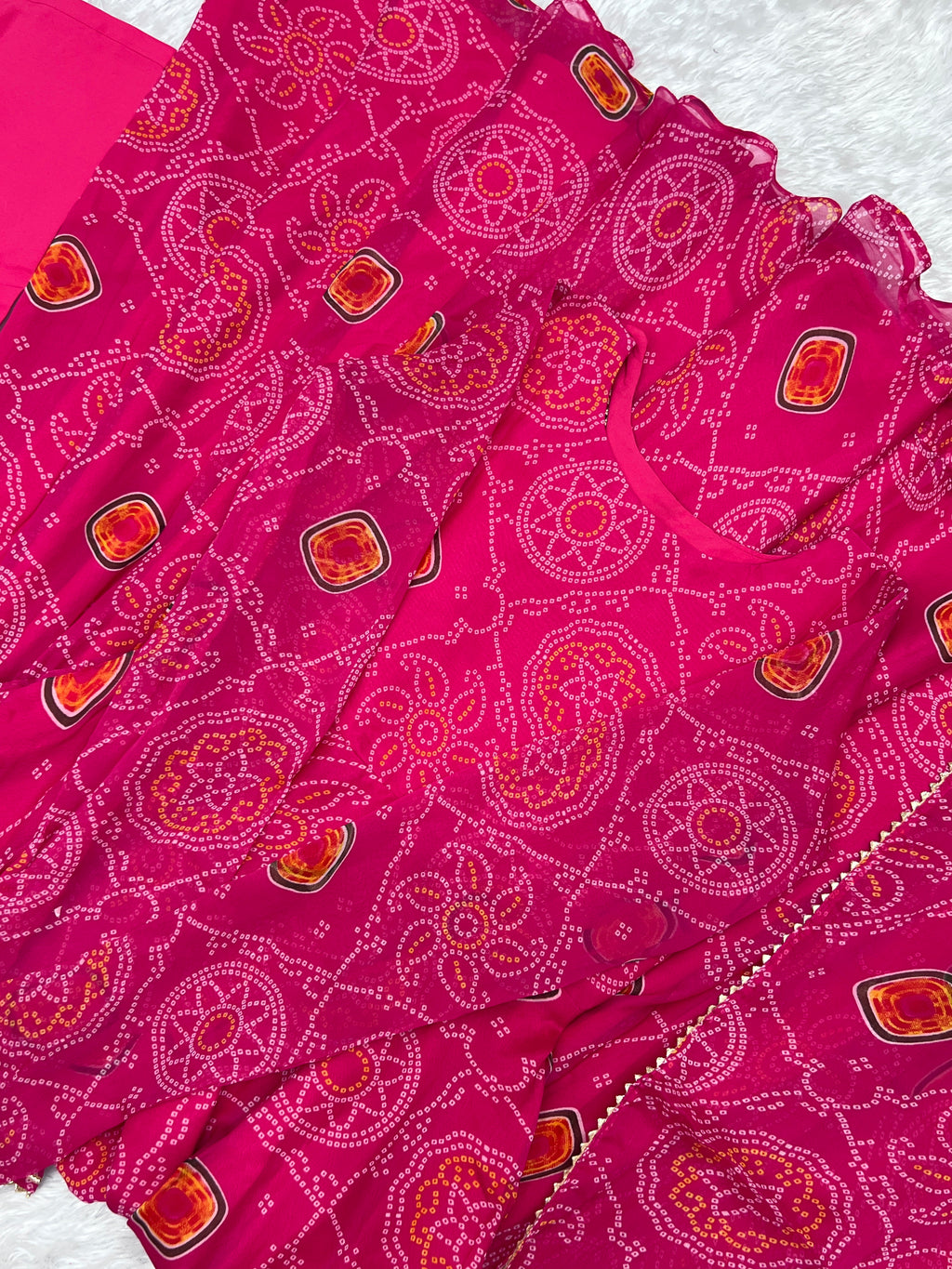 Pink Elegant Lightweight Chiffon Bandhej Anarkali Gown with Dupatta & Pants - Fully Stitched Ready-to-Wear