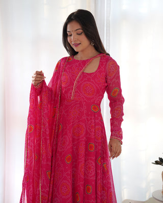 Pink Elegant Lightweight Chiffon Bandhej Anarkali Gown with Dupatta & Pants - Fully Stitched Ready-to-Wear