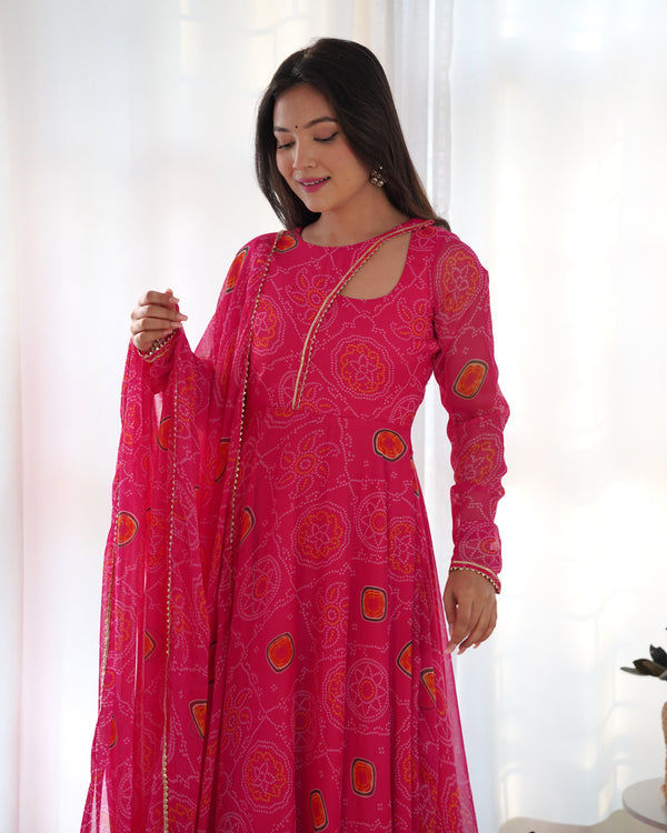 Pink Elegant Lightweight Chiffon Bandhej Anarkali Gown with Dupatta & Pants - Fully Stitched Ready-to-Wear