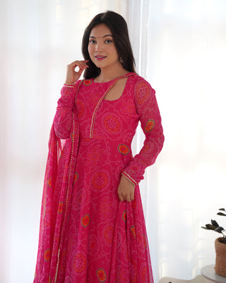 Pink Elegant Lightweight Chiffon Bandhej Anarkali Gown with Dupatta & Pants - Fully Stitched Ready-to-Wear