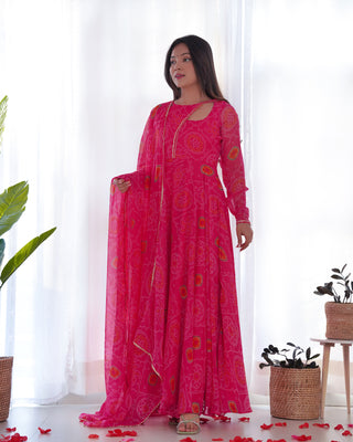 Pink Elegant Lightweight Chiffon Bandhej Anarkali Gown with Dupatta & Pants - Fully Stitched Ready-to-Wear