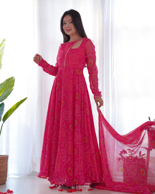 Pink Elegant Lightweight Chiffon Bandhej Anarkali Gown with Dupatta & Pants - Fully Stitched Ready-to-Wear