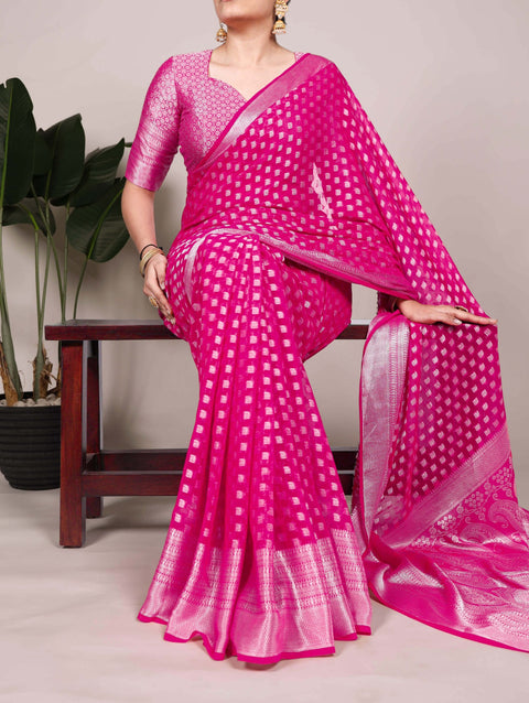 Pink Elegant Nylon Georgette Saree with Zari Weaving & Viscose Border ClothsVilla Main image