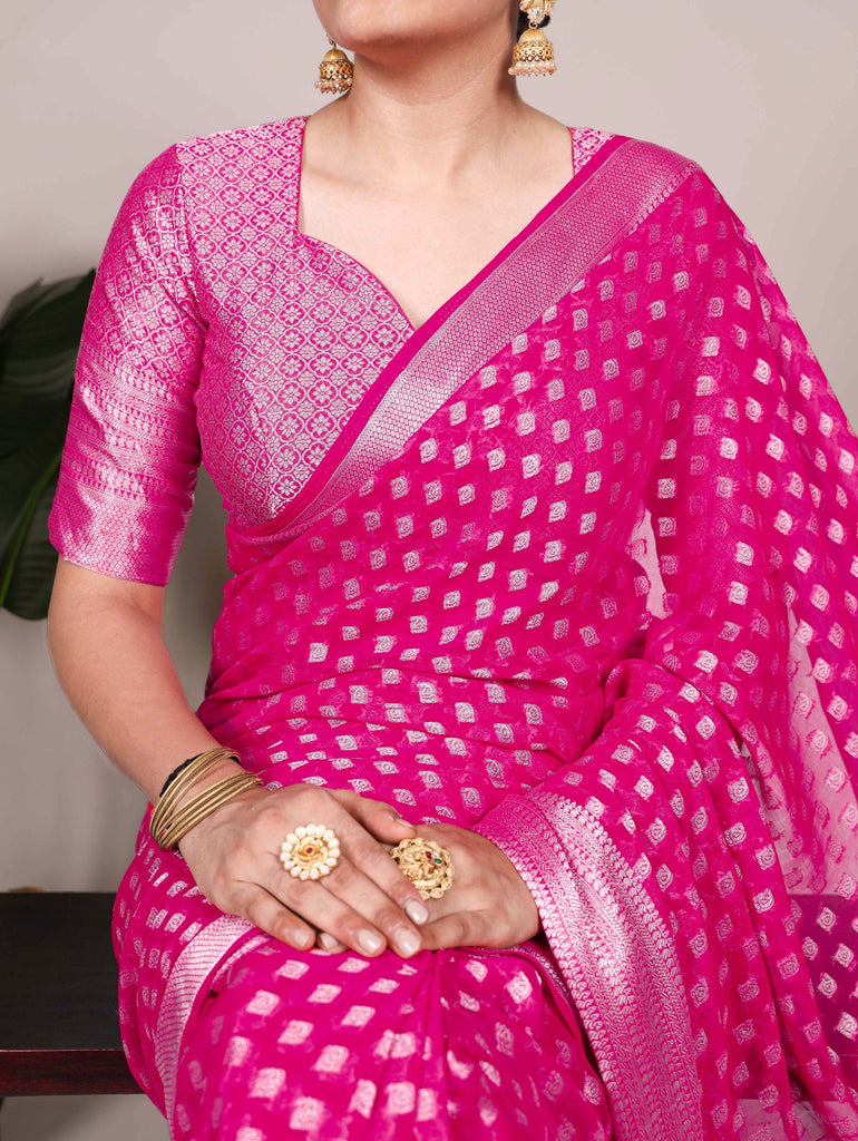 Pink Elegant Nylon Georgette Saree with Zari Weaving & Viscose Border ClothsVilla