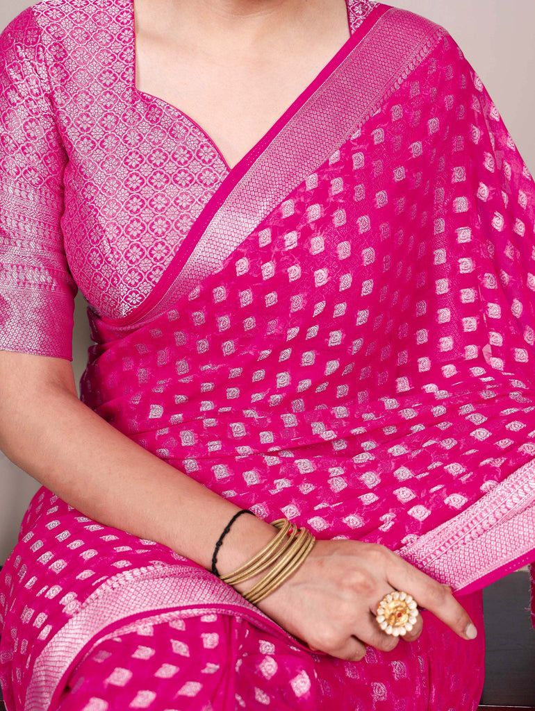 Pink Elegant Nylon Georgette Saree with Zari Weaving & Viscose Border ClothsVilla