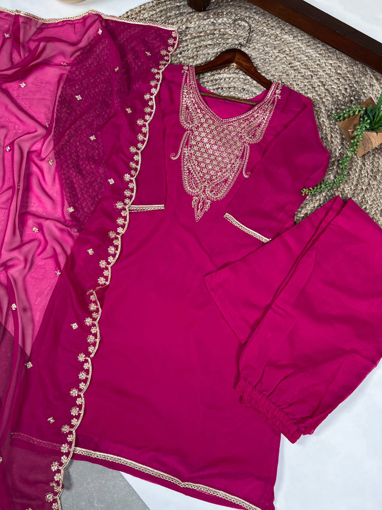 Pink Elegant Organza Embroidered Suit Set With Dupatta Sequins Thread Work Stitched Top And Bottom Clothsvilla