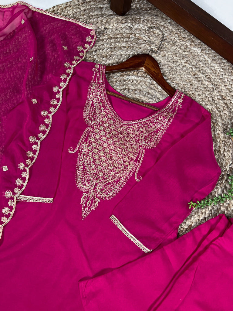 Pink Elegant Organza Embroidered Suit Set With Dupatta Sequins Thread Work Stitched Top And Bottom Clothsvilla