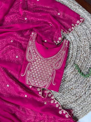 Pink Elegant Organza Embroidered Suit Set With Dupatta Sequins Thread Work Stitched Top And Bottom Clothsvilla