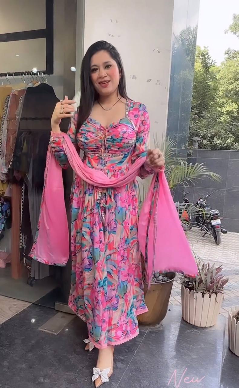 Pink Elegant Padded Naira Cut Chinon Silk Printed Dress with Dupatta – Perfect for Festive and Party Wear Clothsvilla