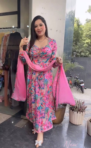 Pink Elegant Padded Naira Cut Chinon Silk Printed Dress with Dupatta – Perfect for Festive and Party Wear Clothsvilla