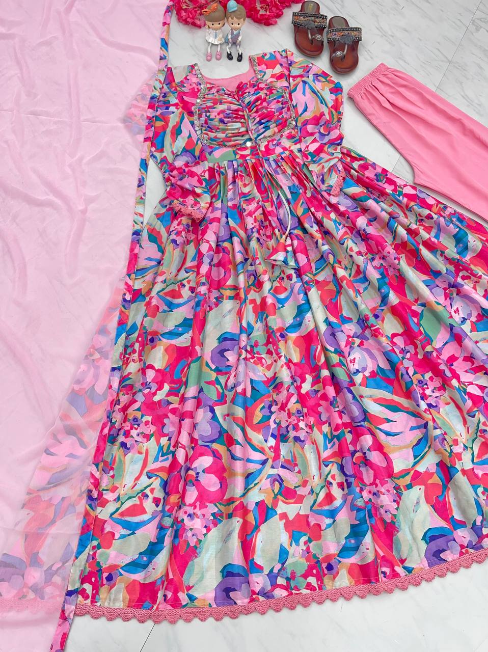 Pink Elegant Padded Naira Cut Chinon Silk Printed Dress with Dupatta – Perfect for Festive and Party Wear Clothsvilla