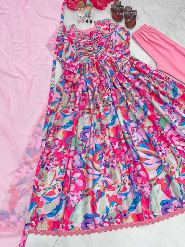 Pink Elegant Padded Naira Cut Chinon Silk Printed Dress with Dupatta – Perfect for Festive and Party Wear Clothsvilla