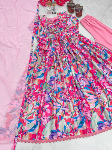 Pink Elegant Padded Naira Cut Chinon Silk Printed Dress with Dupatta – Perfect for Festive and Party Wear Clothsvilla