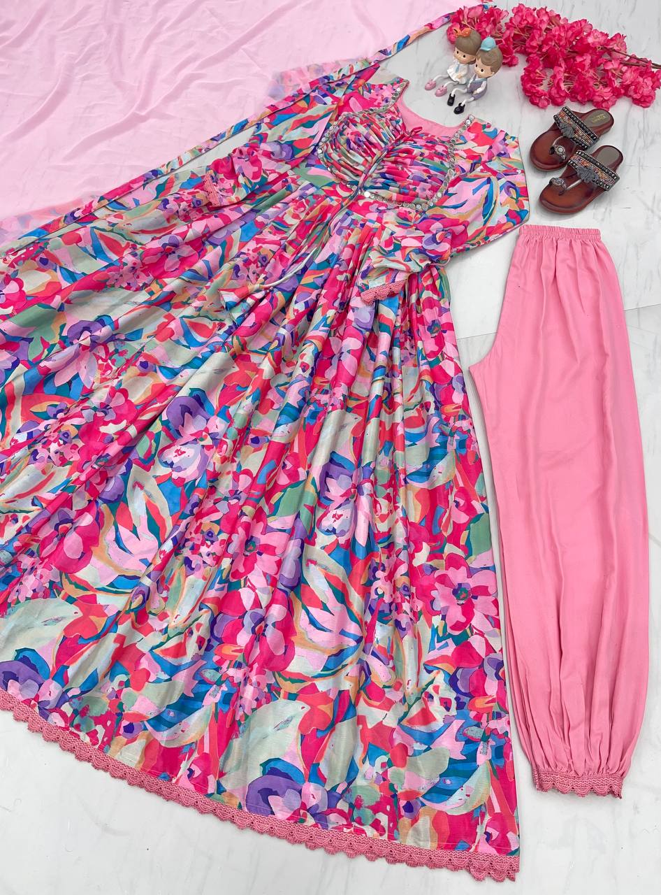Pink Elegant Padded Naira Cut Chinon Silk Printed Dress with Dupatta – Perfect for Festive and Party Wear Clothsvilla